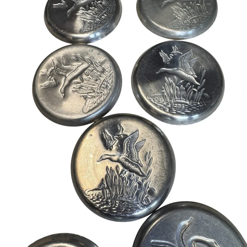 Vintage Pewter Coasters‎ Set of 7 Birds Geese Duck Crane Swan Embossed Drinkware